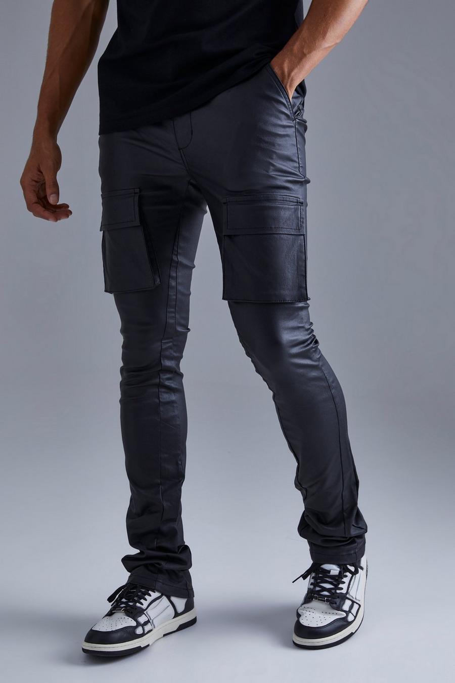 Black Skinny Stacked Flare Coated Cargo Pants image number 1