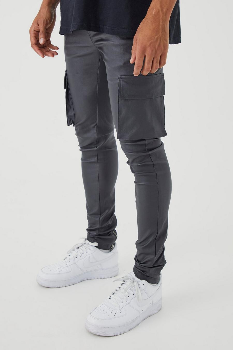 Charcoal Skinny Stacked Coated Twill Cargo Pants image number 1