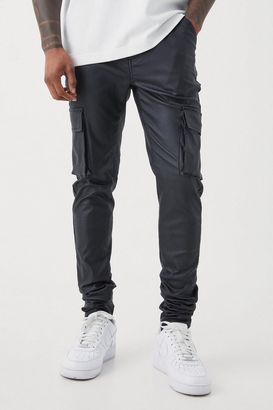 Black Skinny Stacked Coated Twill Cargo Pants image number 1