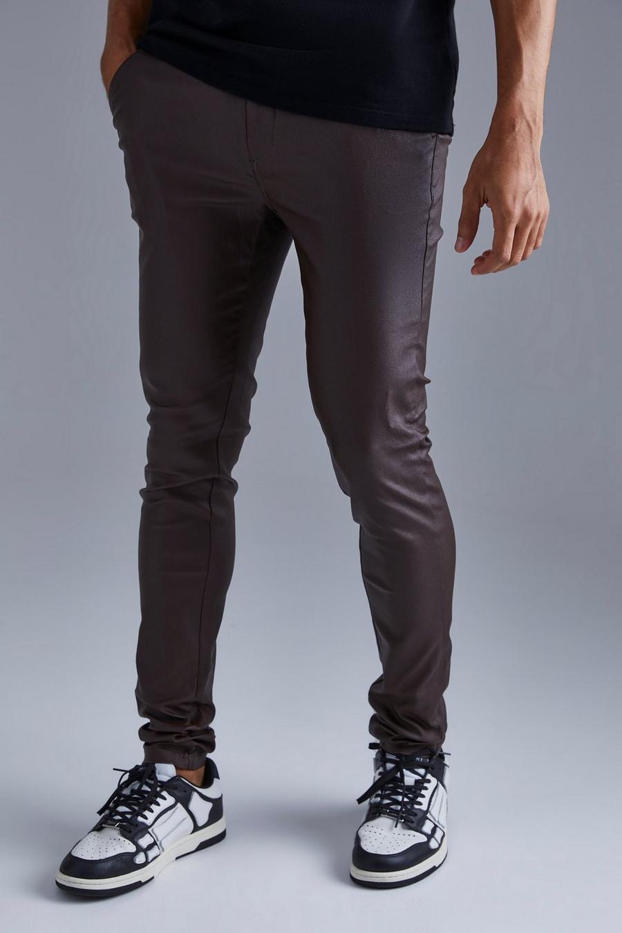 Pantaloni Skinny Fit in twill rivestito con pieghe sul fondo, Chocolate image number 1