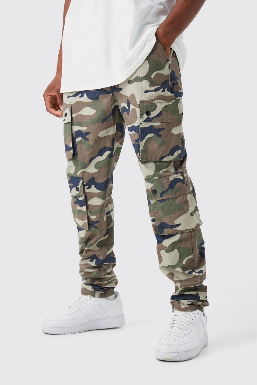 Khaki Slim Stacked Multi Popper Cargo Camo Trouser