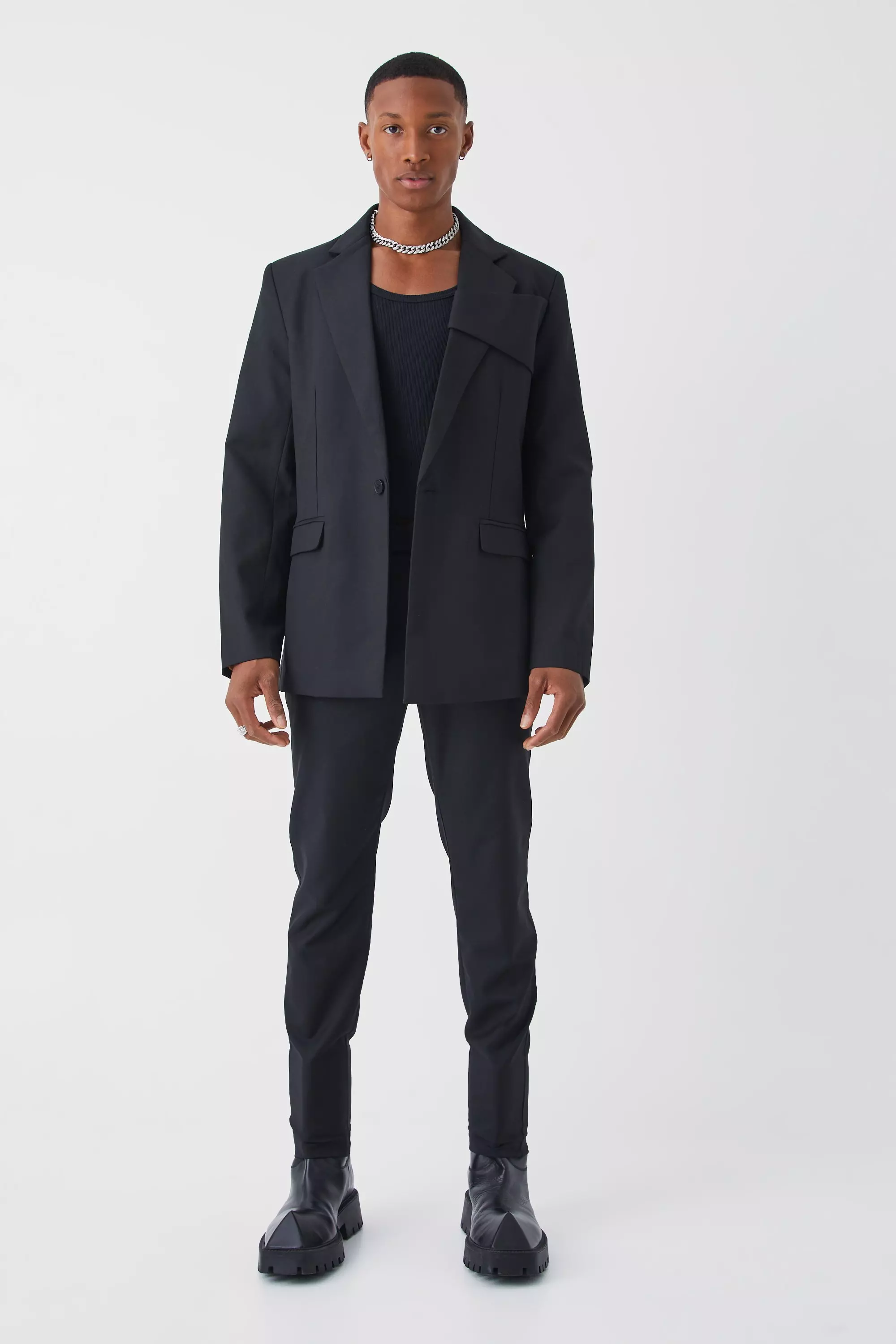 Black Relaxed Fit Front Panel Blazer صورة بديلة