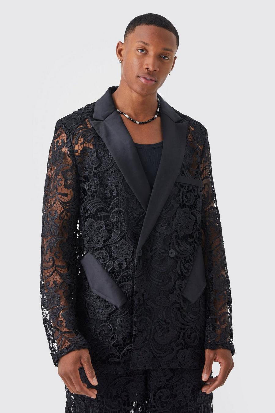Black Relaxed Fit Double Breasted Lace Blazer image number 1