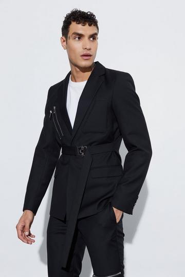 Black Skinny Fit Single Breasted Wrap Belt Blazer