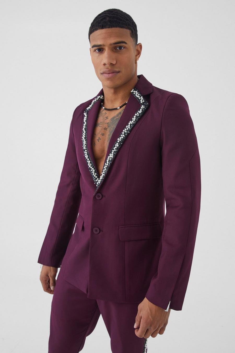 Plum purple Skinny Fit Single Breasted Embellished Blazer