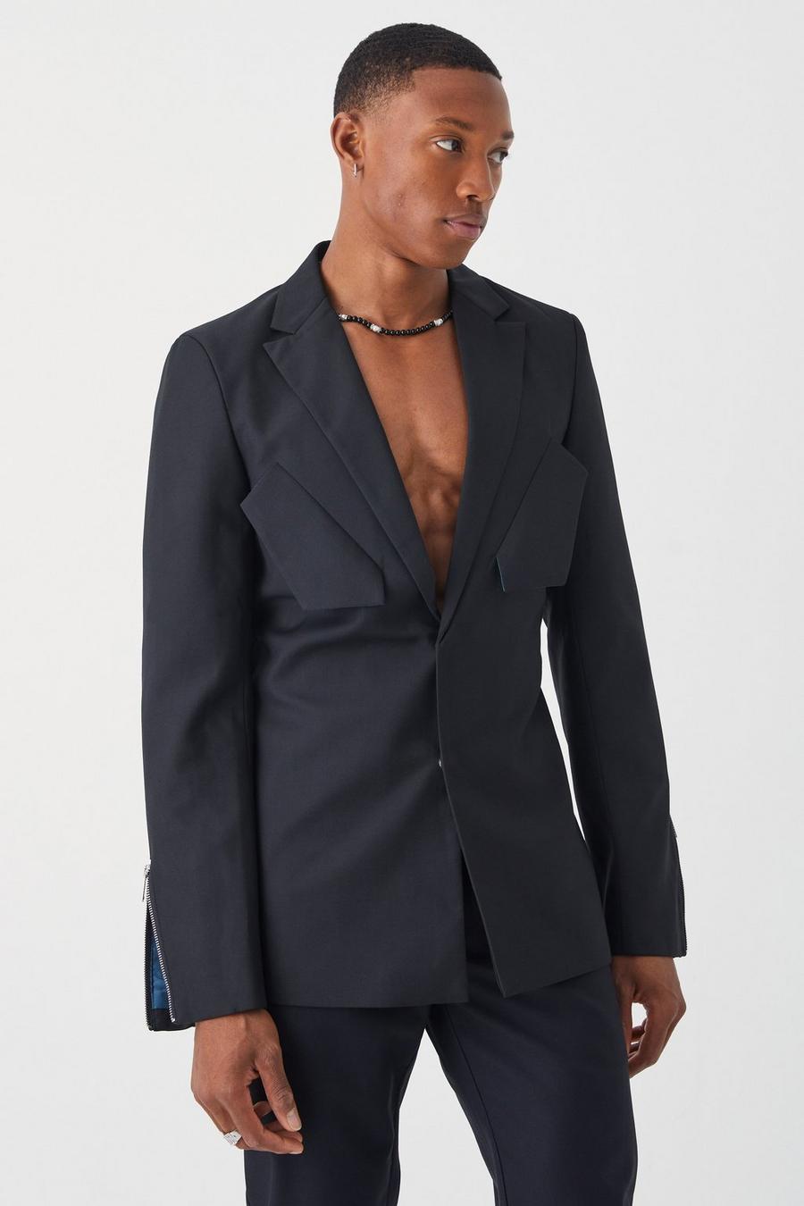 Black Skinny Fit Blazer With Zip Cuff image number 1