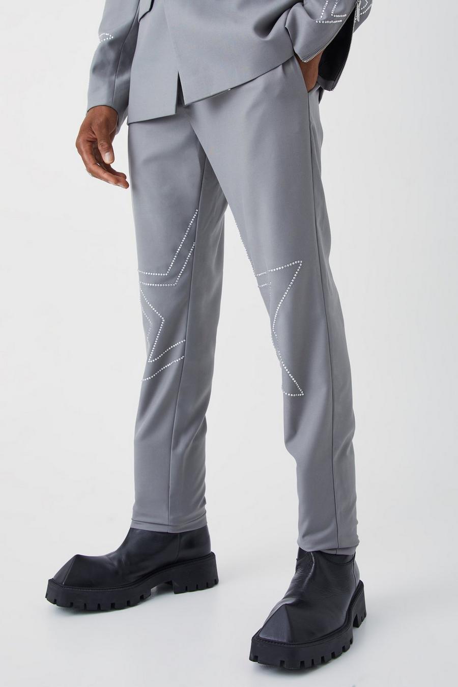 Pantaloni Slim Fit con strass decorati, Slate gris