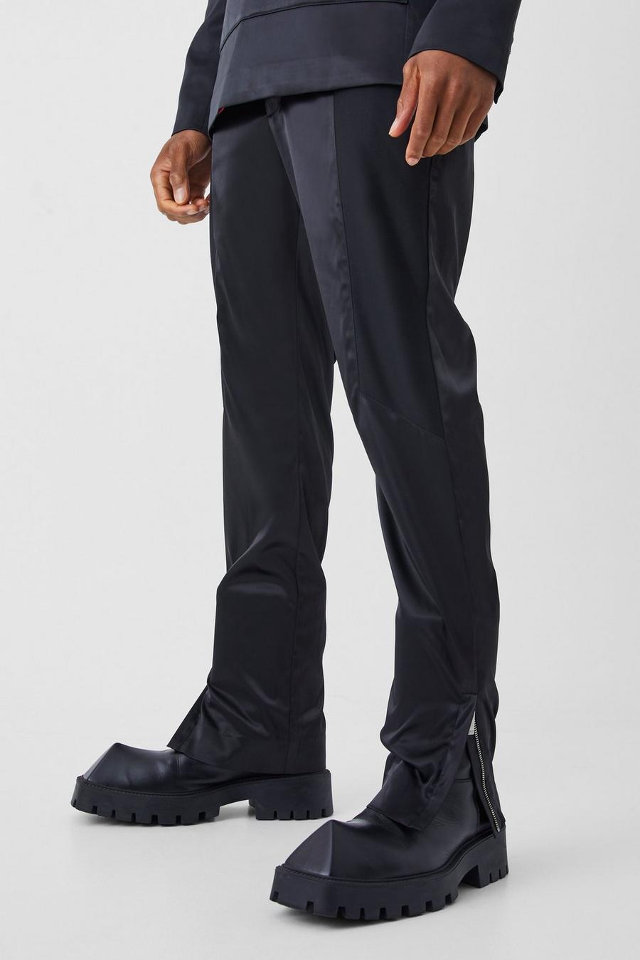 Pantalón ajustado de raso con paneles, Black image number 1