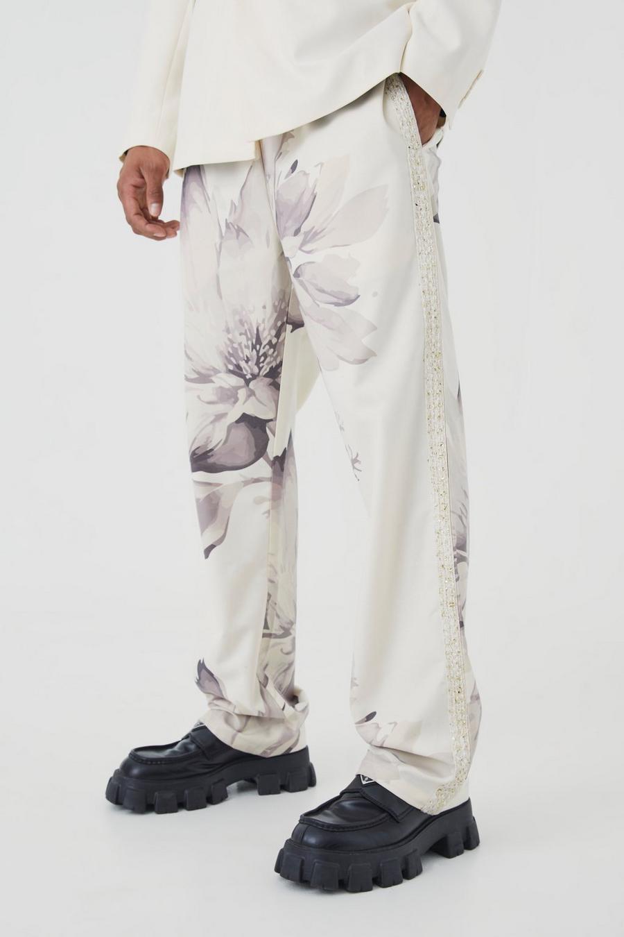 Pantalón holgado con cinta lateral y cintura elástica, Ecru image number 1