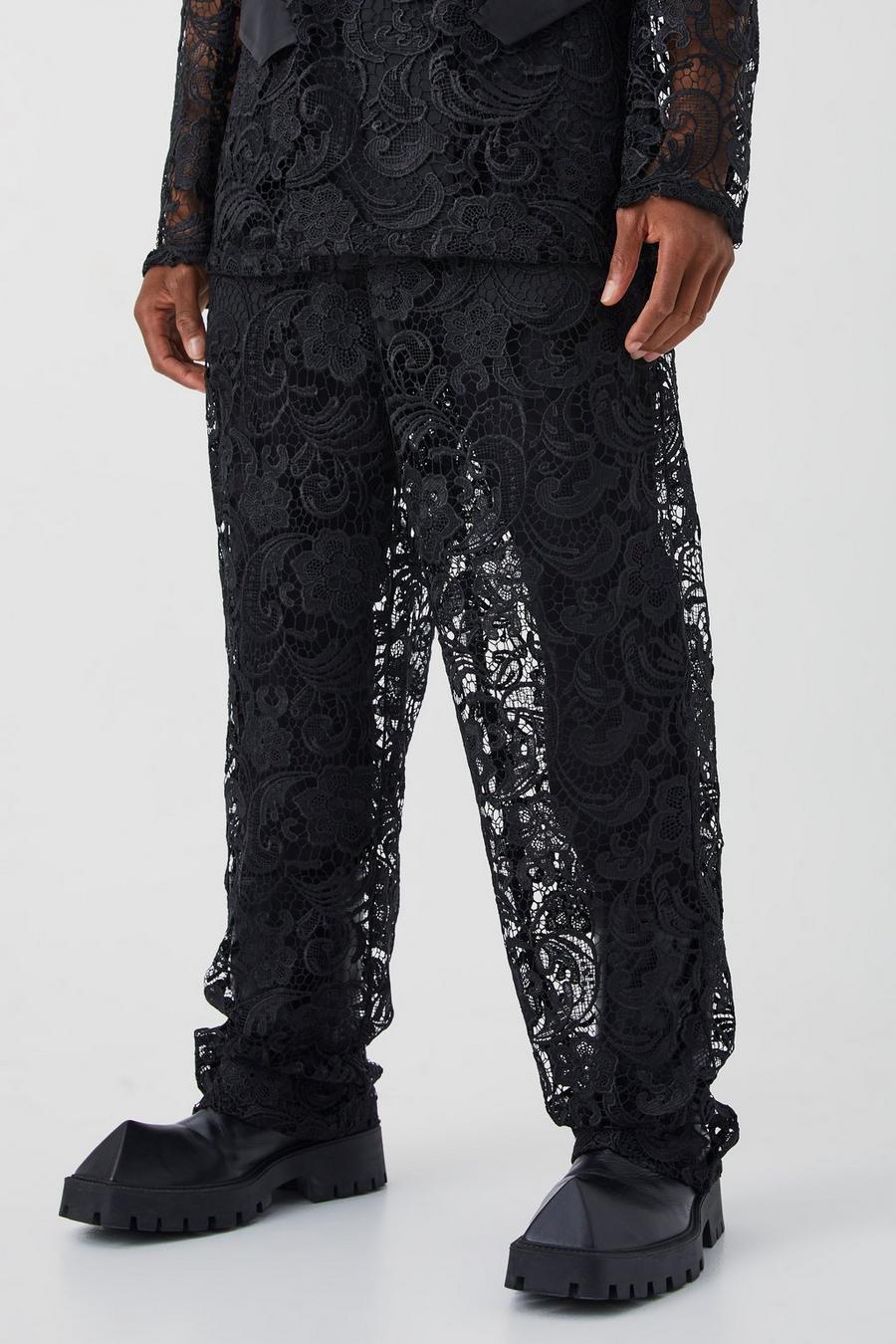 Black Relaxed Fit Lace Suit Pants image number 1