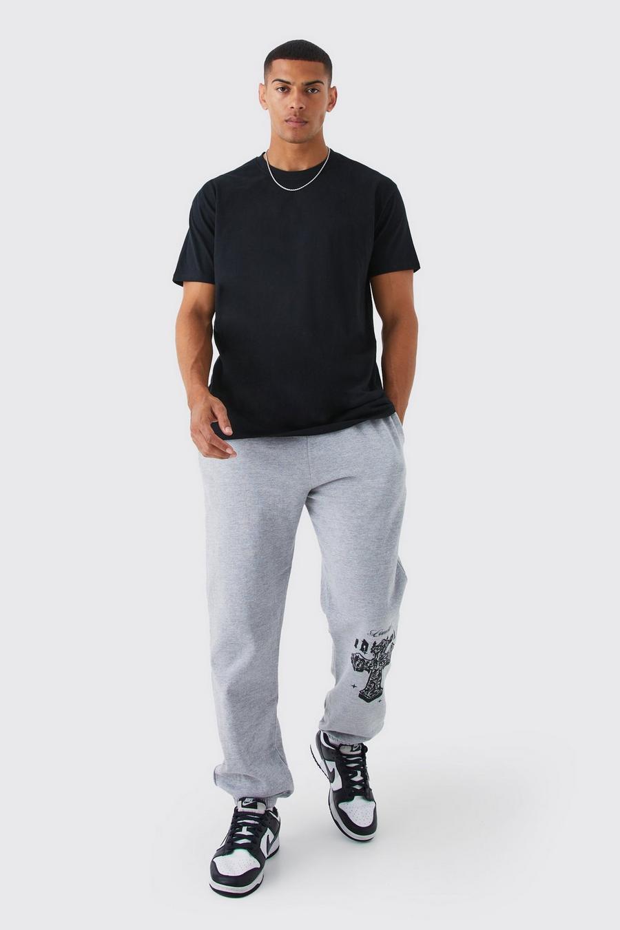 Oversize T-Shirt & Jogginghose mit Kreuz-Print, Grey marl