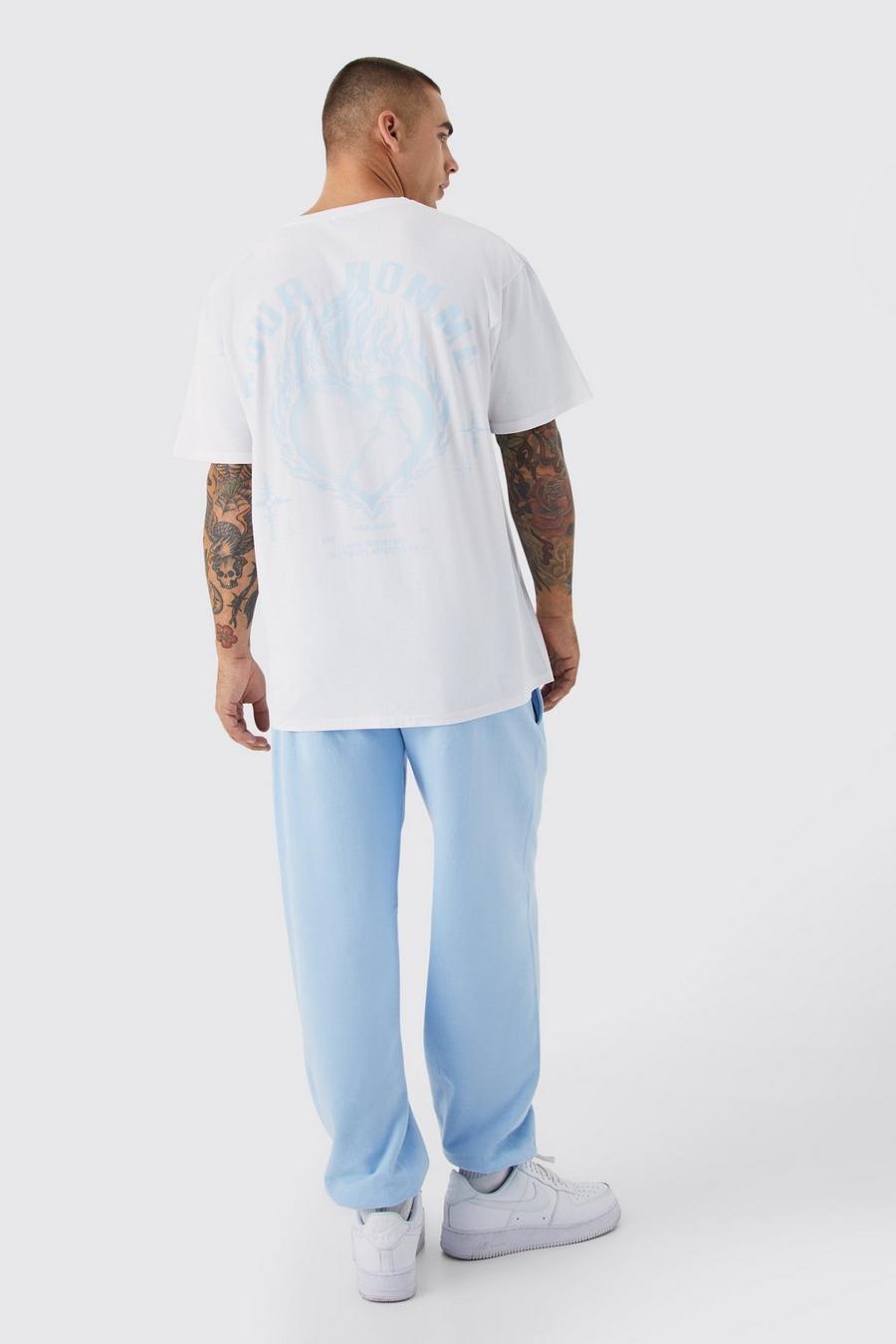 Conjunto oversize de pantalón deportivo y camiseta con estampado Pour Homme, Light blue image number 1