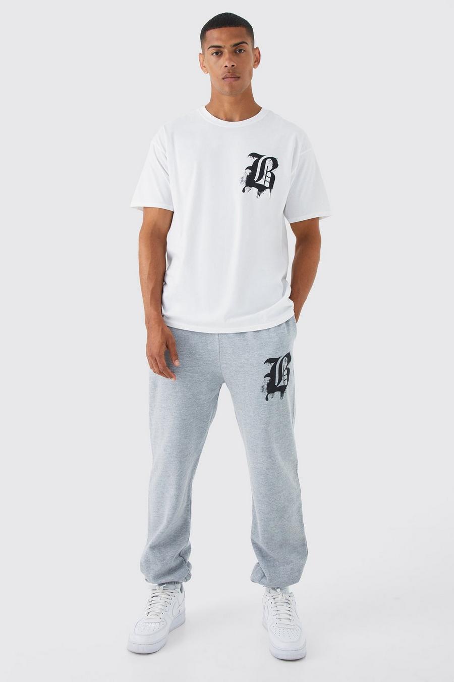 Conjunto oversize de pantalón deportivo y camiseta con estampado gráfico B, Grey marl gris