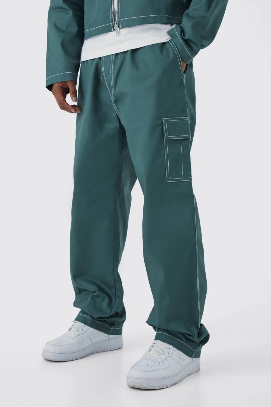 Green Elasticated Waistband Twill Contrast Stitch Relaxed Cargo image number 1