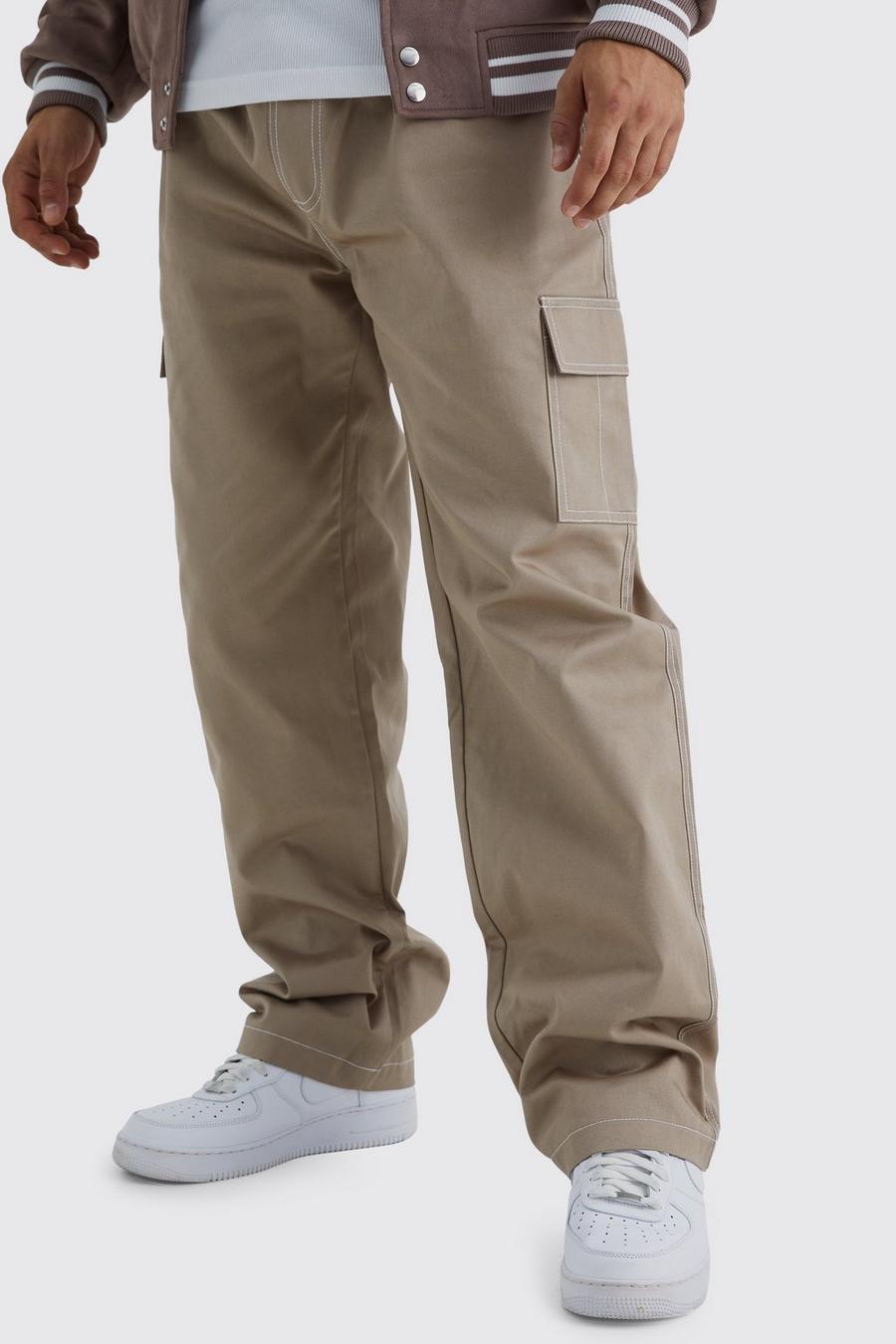Pantalón cargo holgado de sarga con cintura elástica y costuras en contraste, Taupe