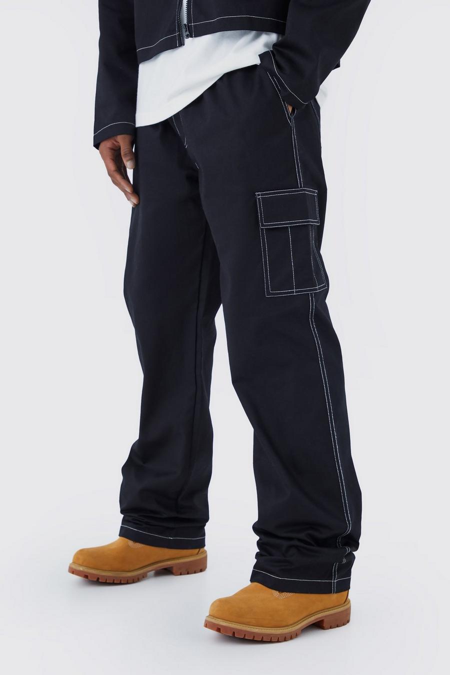 Black Elasticated Waistband Twill Contrast Stitch Relaxed Cargo