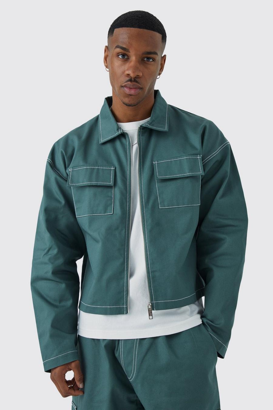 Green Longsleeve Twill Contrast Stitch Boxy Jacket image number 1