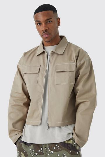 Long Sleeve Twill Contrast Stitch Boxy Jacket taupe