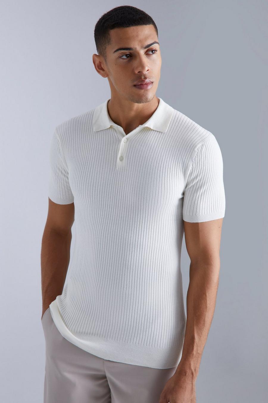 Kurzärmliges geripptes Muscle-Poloshirt, Cream image number 1