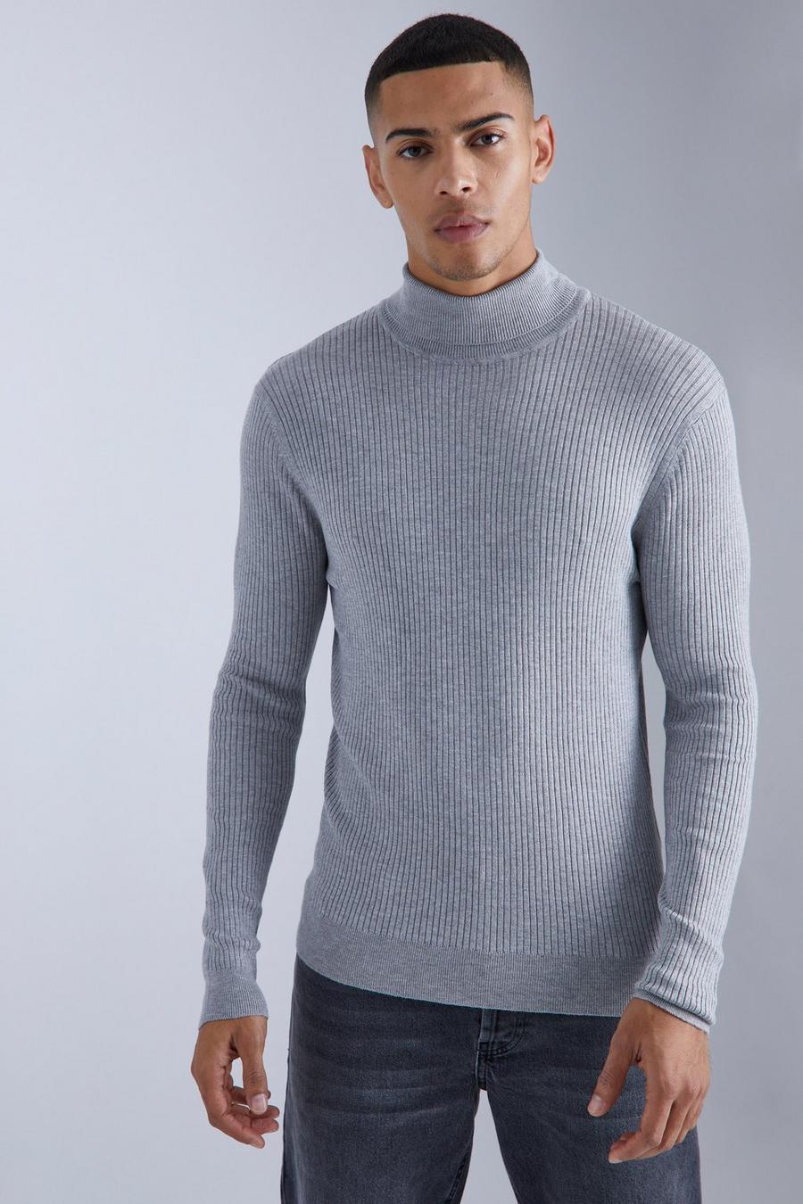 Grey marl Muscle Fit Ribbed Roll Neck Jumper image number 1