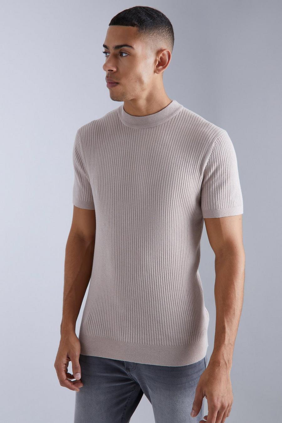 T-shirt in maglia a coste a maniche corte con girocollo esteso, Taupe image number 1