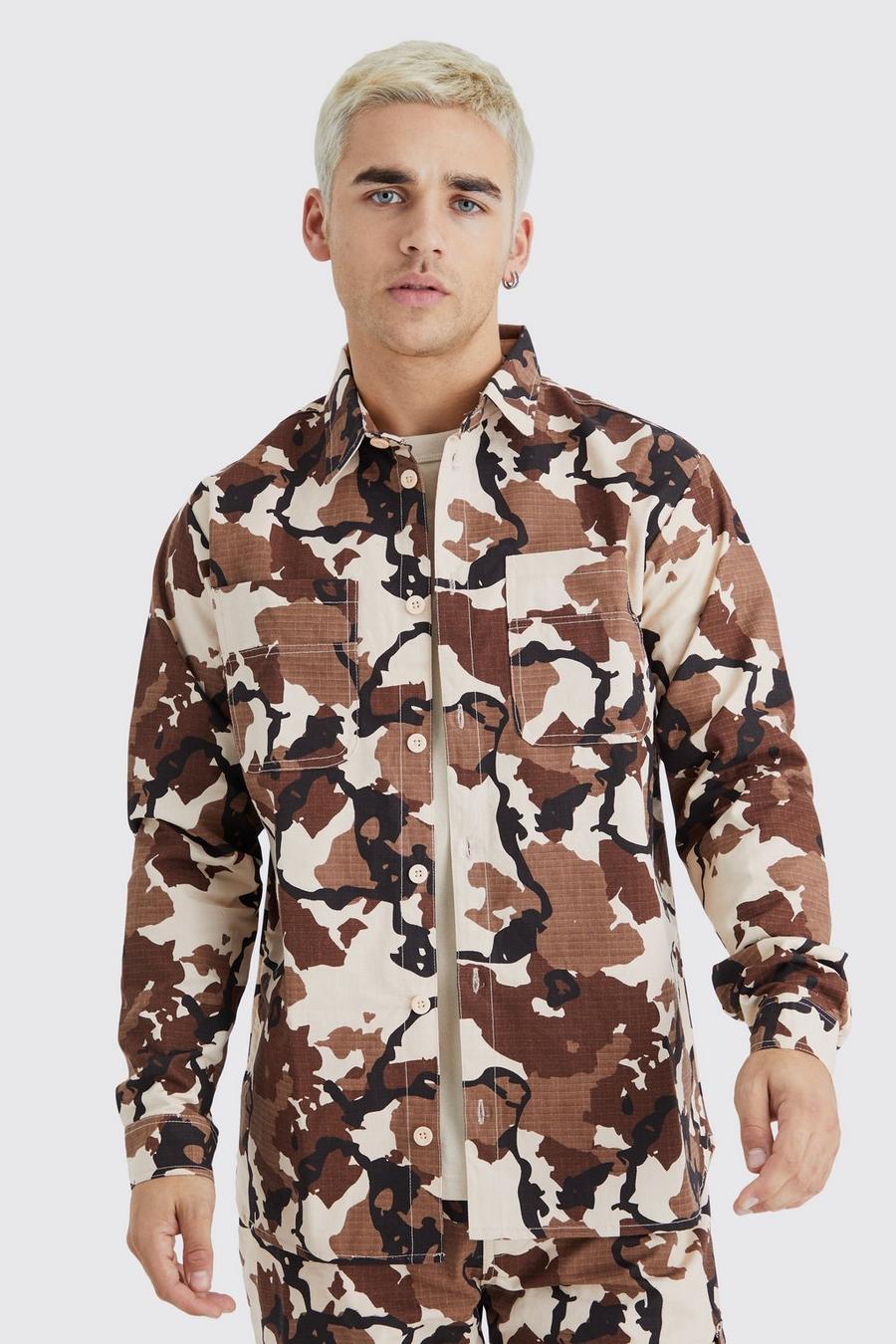 Langärmliges Ripstop Camouflage Overshirt mit Tasche, Multi