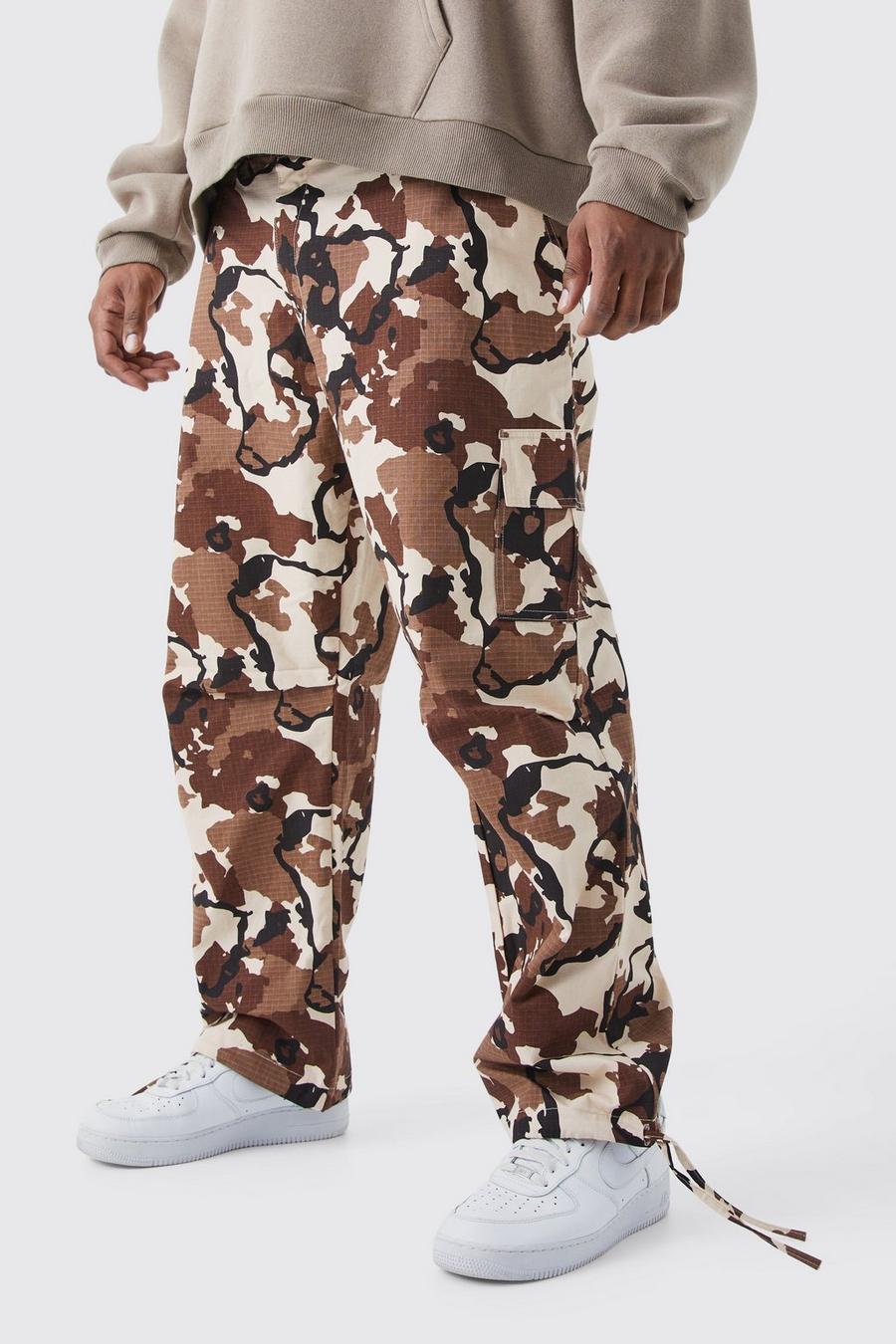 Pantaloni dritti Plus Size in nylon ripstop in fantasia militare con vita fissa, Multi