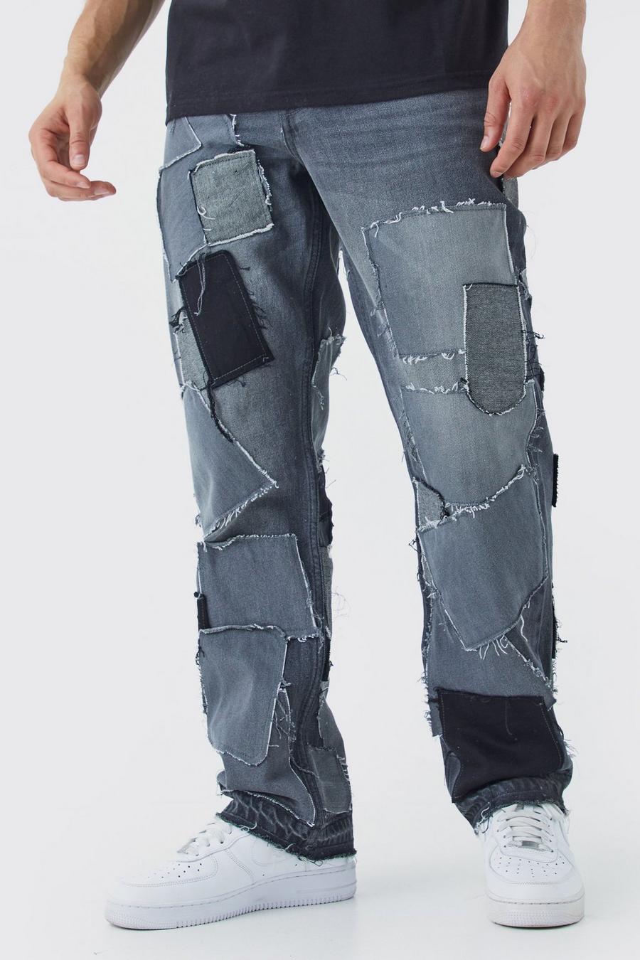 Jeans rilassati effetto smagliato effetto patchwork, Charcoal