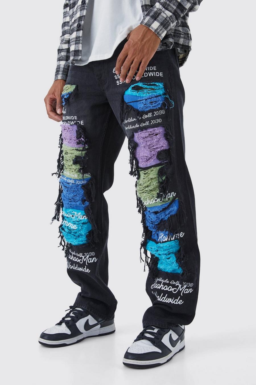 Lockere Jeans mit Kontrast-Rissen, Washed black image number 1