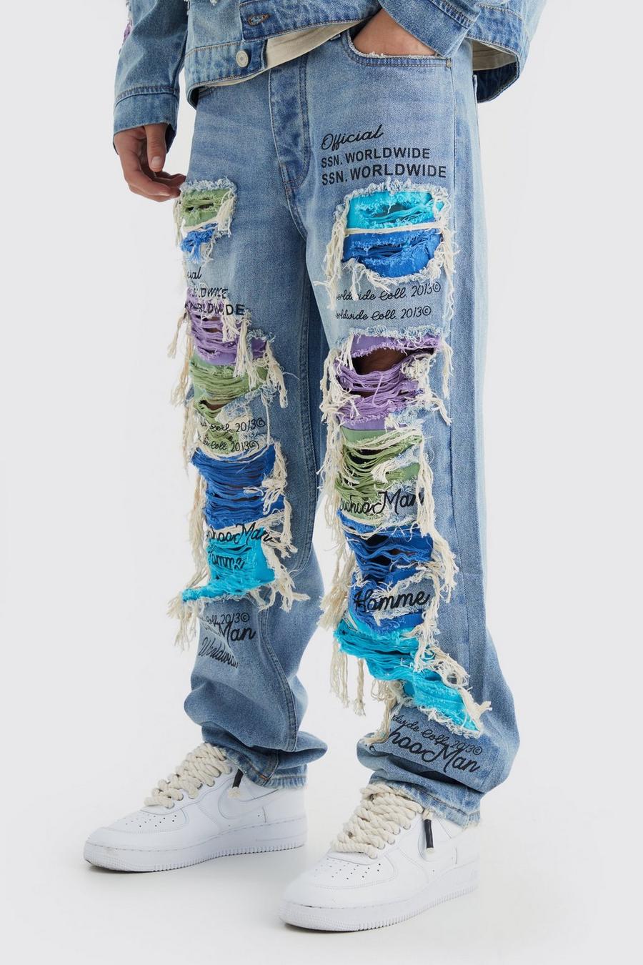 Lockere Jeans mit Kontrast-Rissen, Vintage blue image number 1