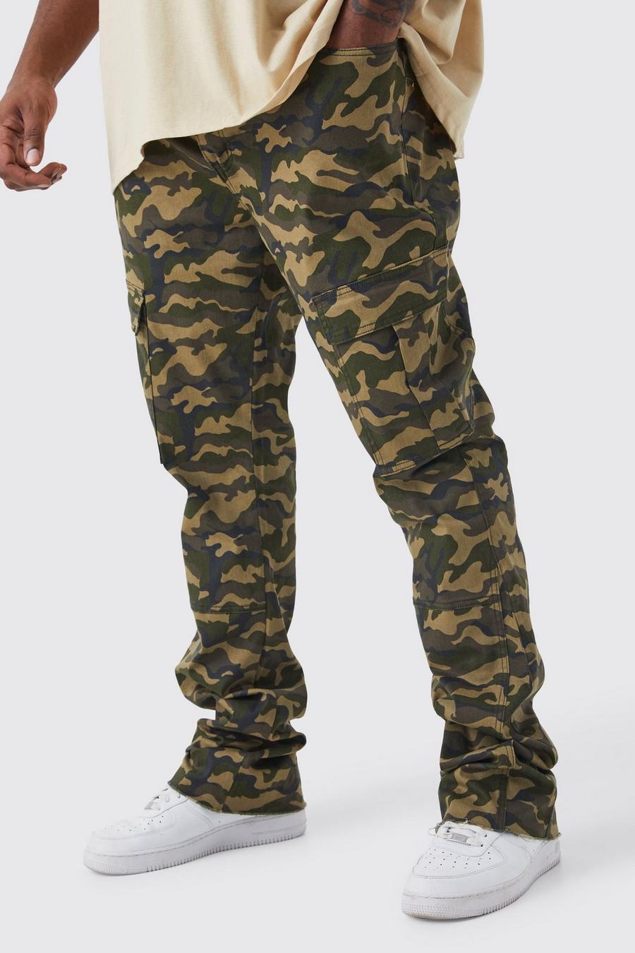 Pantaloni Cargo Plus Size Skinny Fit con inserti in fantasia militare e pieghe sul fondo, Sand image number 1