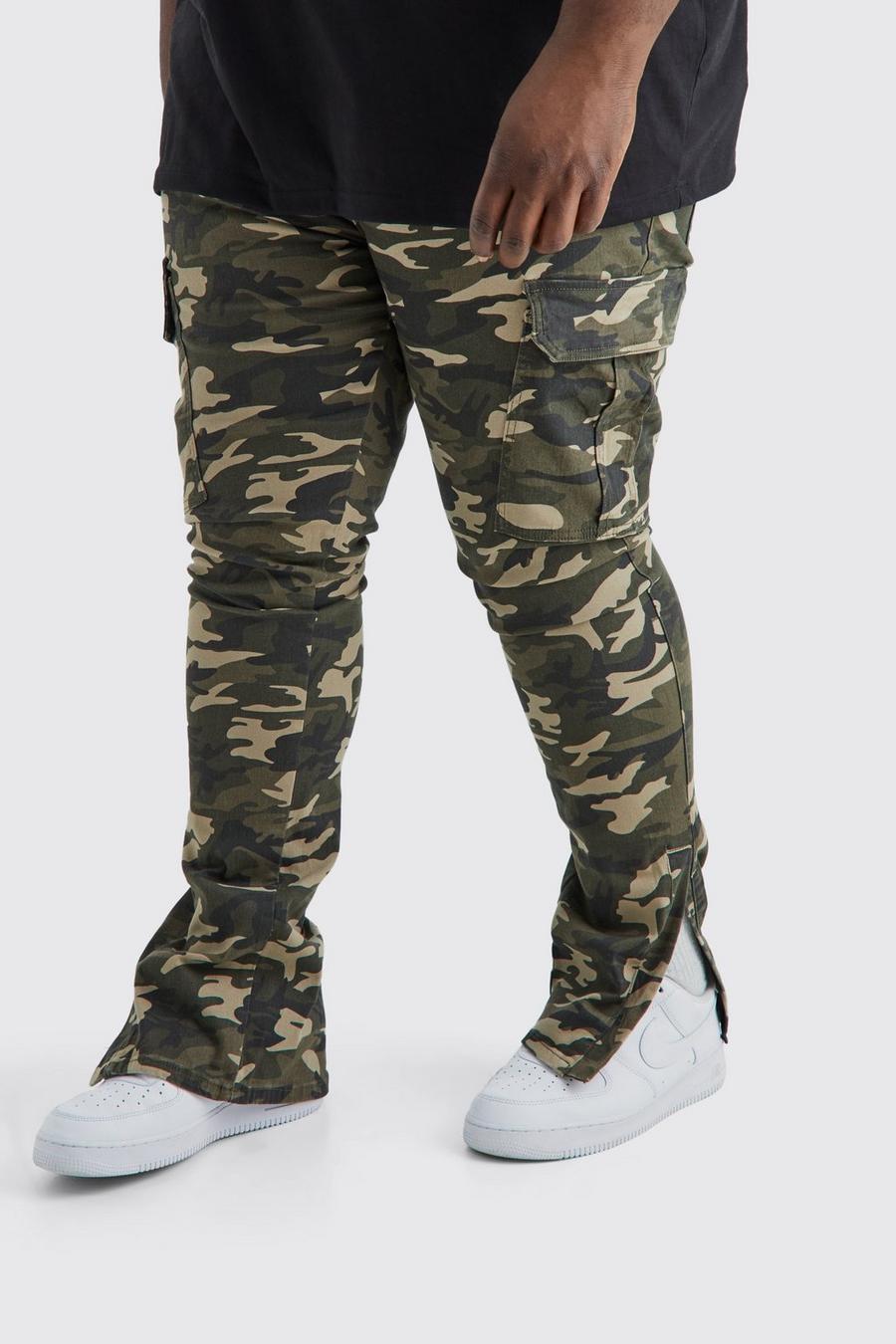 Pantaloni Cargo Plus Size Skinny Fit in fantasia militare con pieghe sul fondo e spacco sul fondo, Khaki