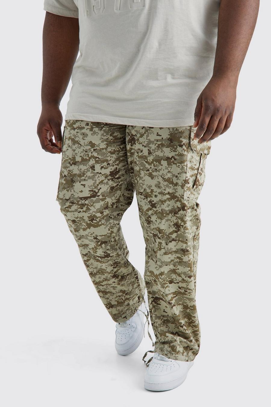 Pantaloni Cargo Plus Size rilassati in fantasia militare con laccetti sul fondo, Stone beige