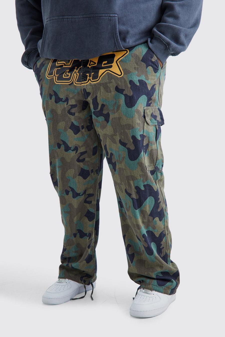 Grande taille - Pantalon cargo ample à imprimé camouflage, Khaki image number 1