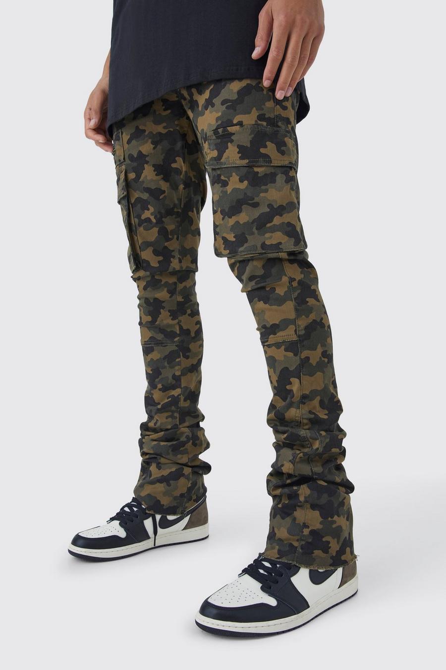 Brown Tall Skinny Stacked Flare Gusset Camo Cargo Trouser image number 1