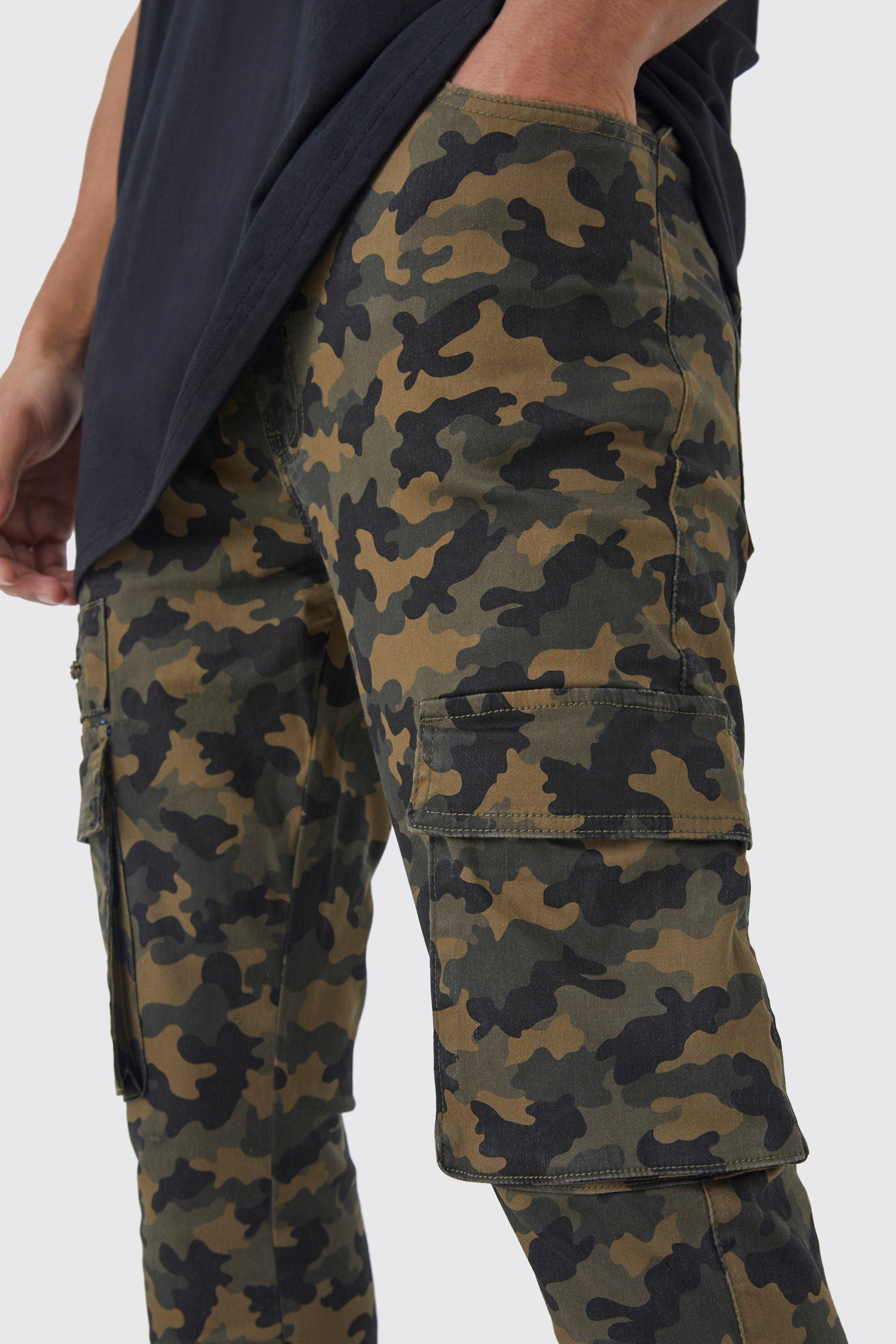 boohooMAN Men's Slim Gusset Flare Camo Cargo Pants