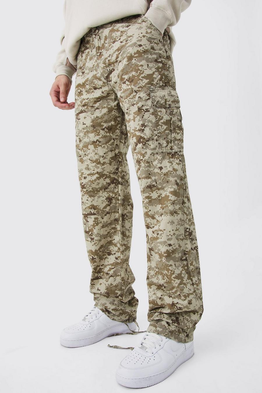 Pantaloni Cargo Tall rilassati in fantasia militare con laccetti sul fondo, Stone