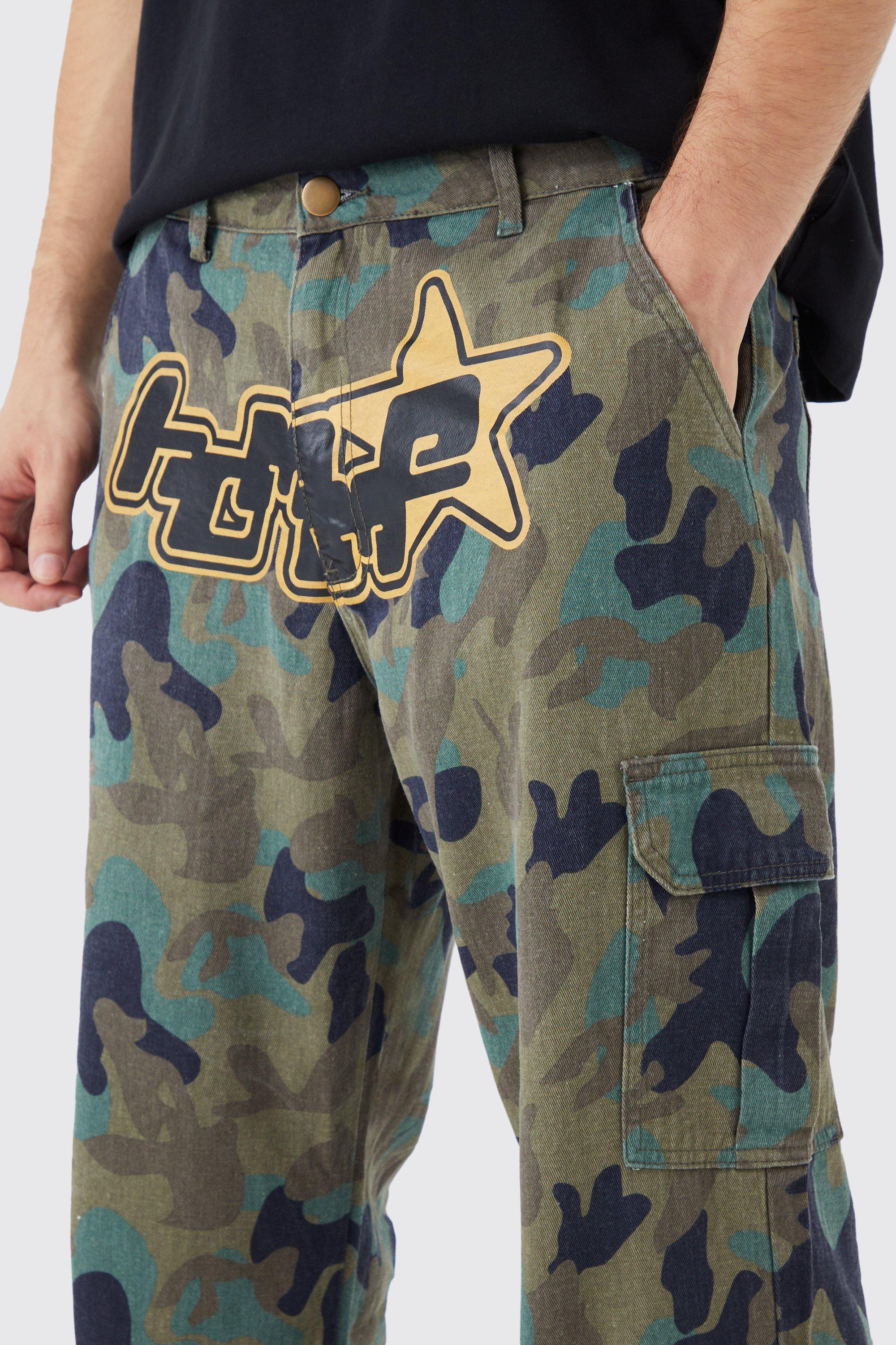Tall Relaxed Crotch Print Tie Hem Camo Cargo Pants boohoo USA