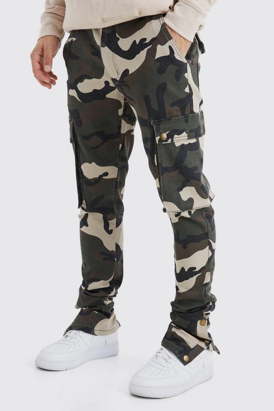 Pantalon cargo skinny à imprimé camouflage, Khaki kaki