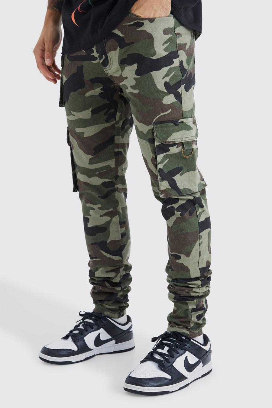 Skinny Camouflage Cargo-Hose mit Taschen, Khaki image number 1