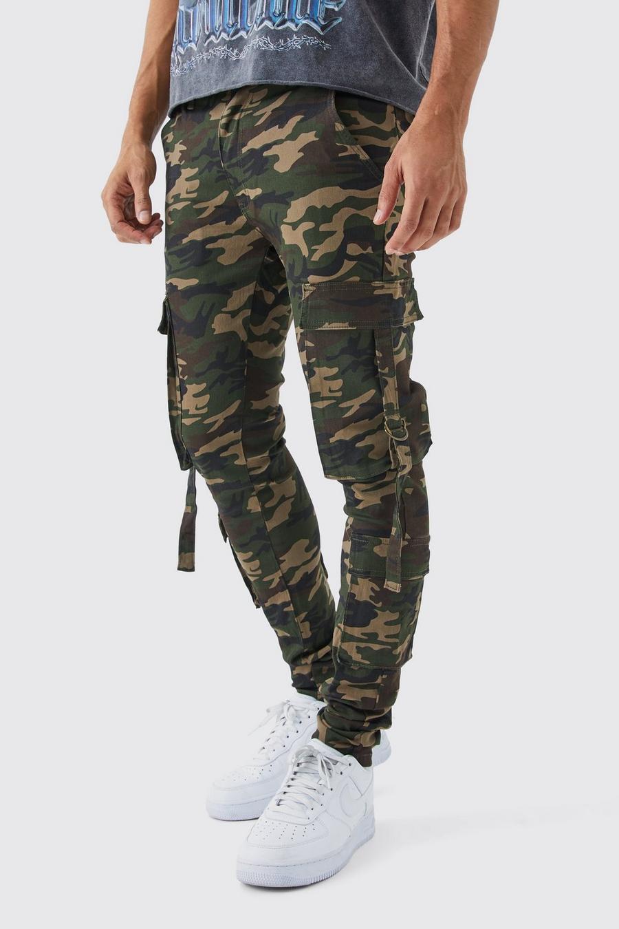 Men's Skinny Stacked Multi Cargo Camo Trouser | Boohoo UK