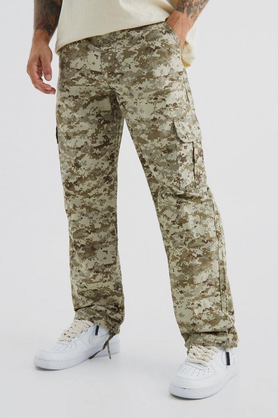 Stone Relaxed Tie Hem Pixilated Camo Cargo Trouser