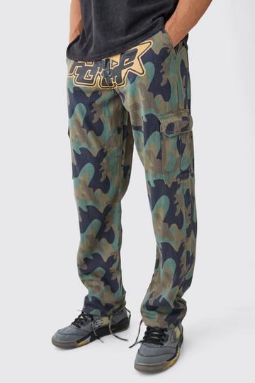 Relaxed Crotch Print Tie Hem Camo Cargo Pants khaki