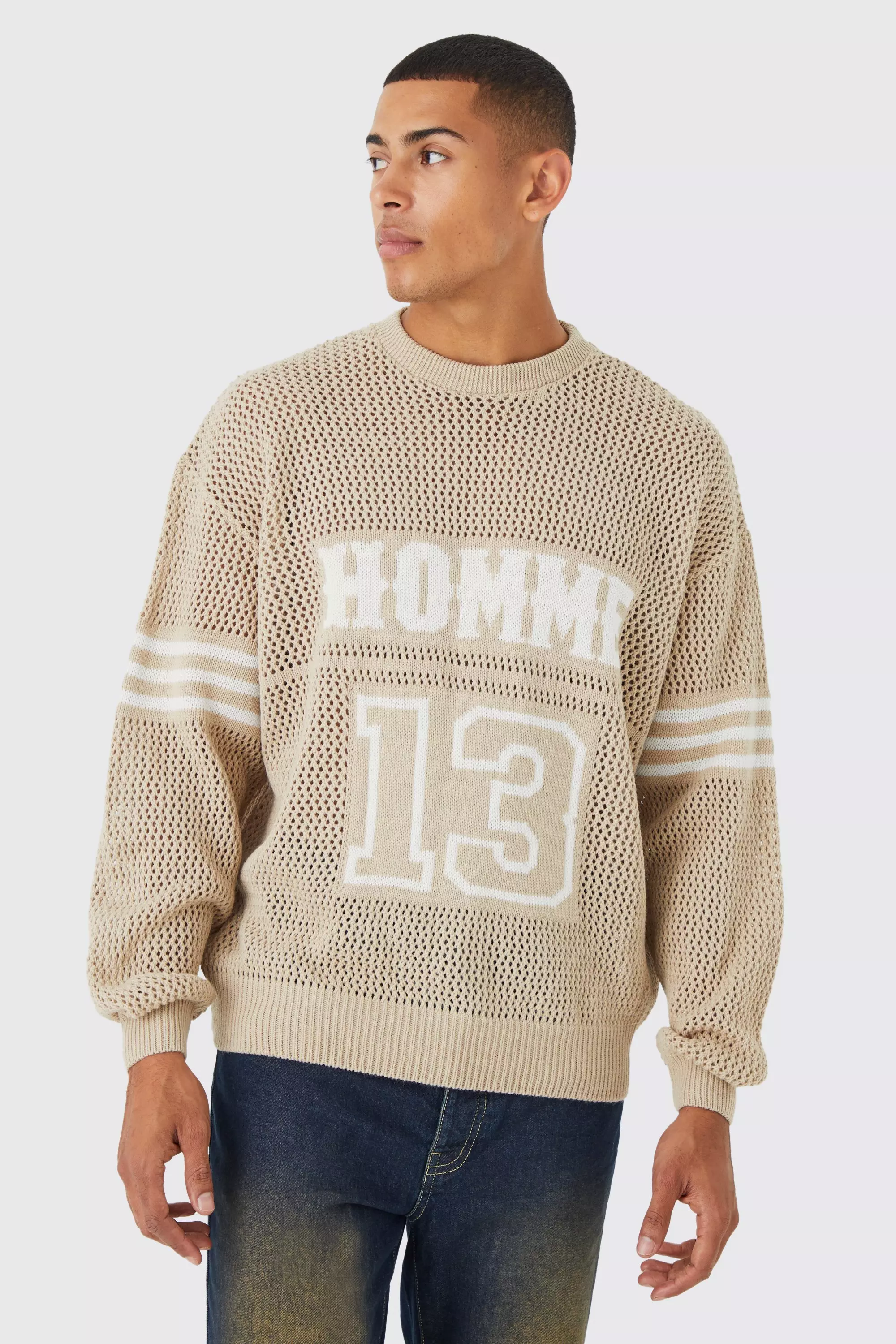 Taupe Oversized Varsity Open Stitch Jumper alternative image