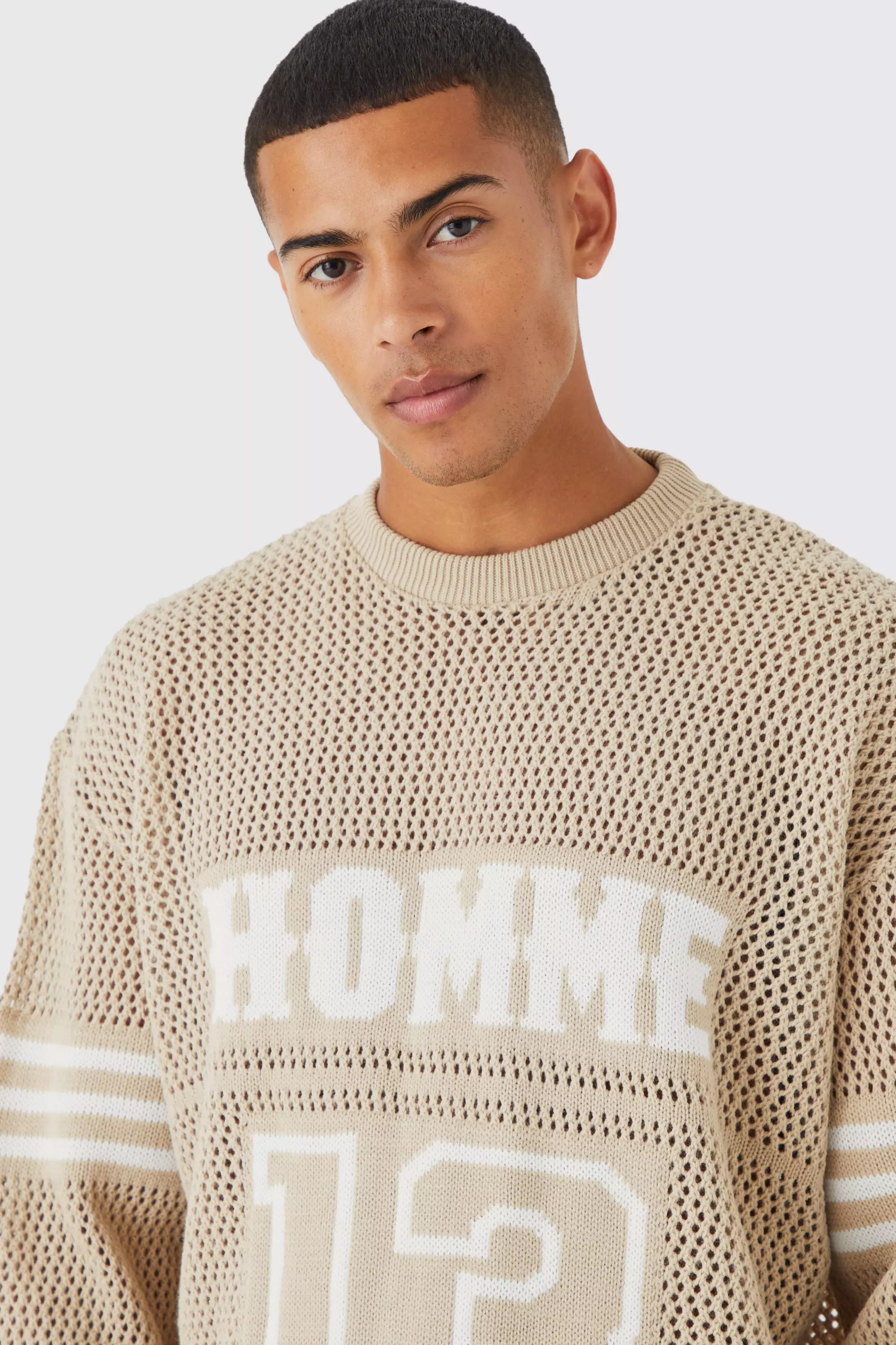 Taupe Oversized Varsity Open Stitch Jumper alternative image