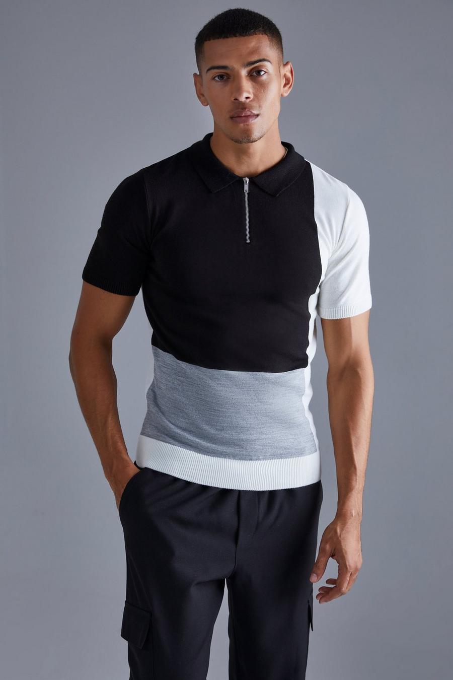 Black Color Block Muscle Fit Polo