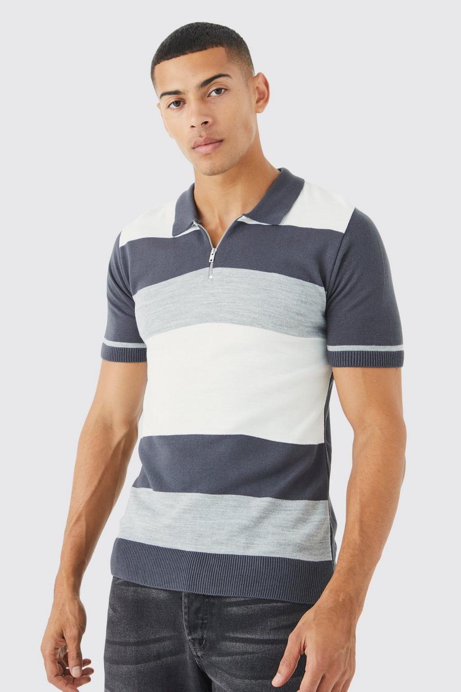 Grey Gestreepte Muscle Fit Color Block Polo image number 1