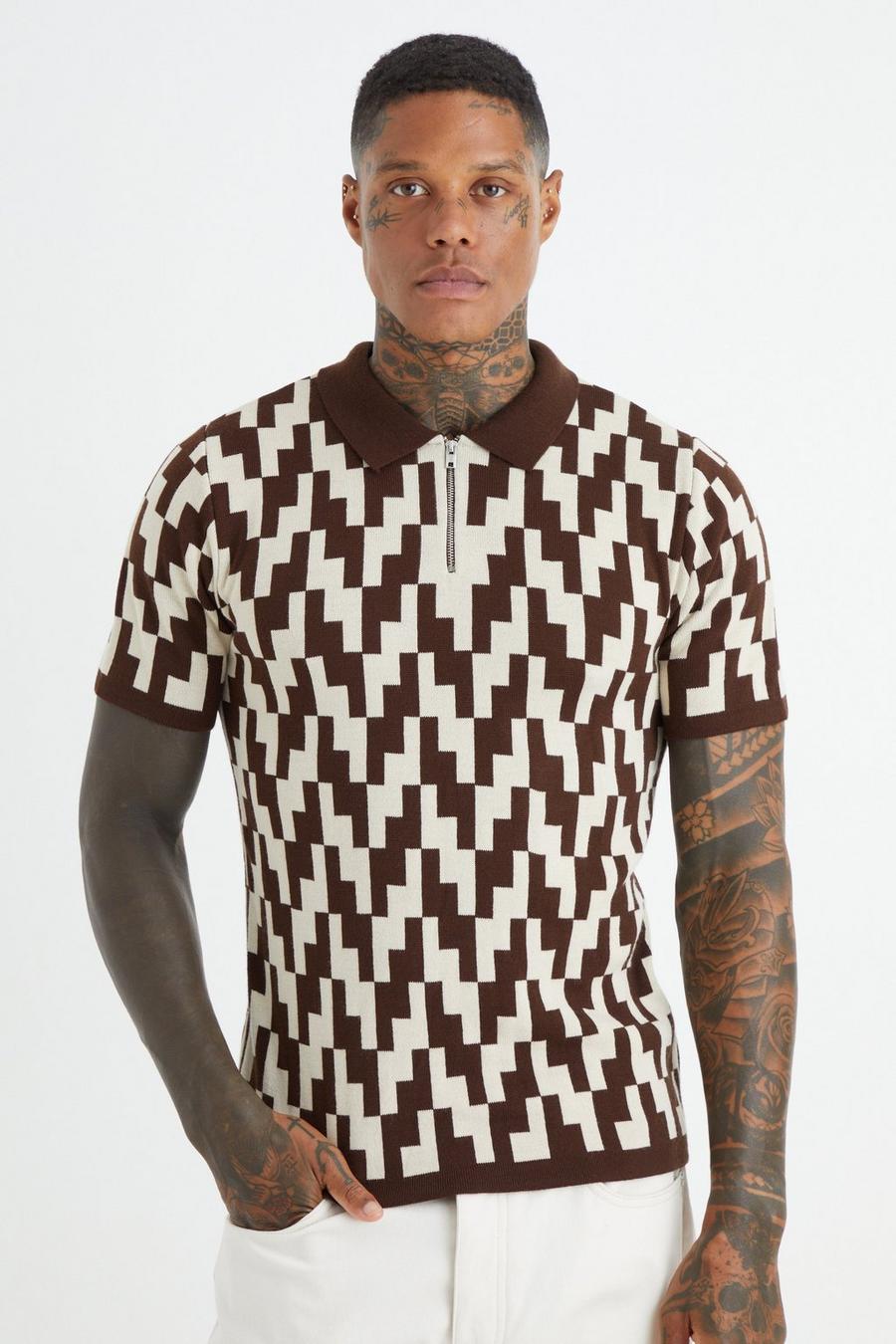 Chocolate brown Short Sleeve Muscle Fit Jacquard Polo