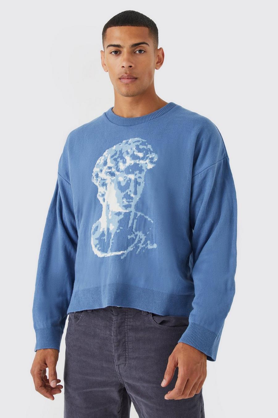 Blue Boxy Drop Shoulder Graphic Knitted Jumper