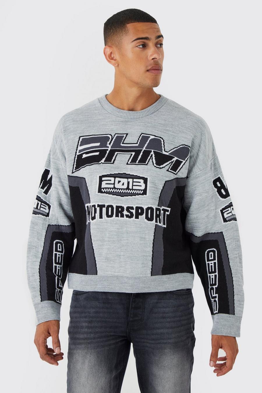 Grey Boxy Drop Shoulder Moto Knitted Jumper image number 1